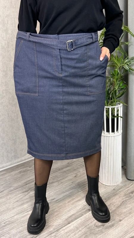 Klasyczna spódnica jeansowa midi granatowa z paskiem ołówkowa rozmiar 46 18 xxxl plus size obraz 5